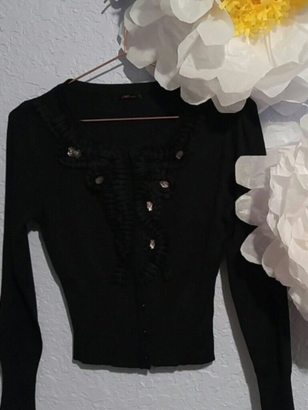 Line by Lynn SZ XXS Black Cardigan Sweater Black Gathered Ribbon Detailed Front